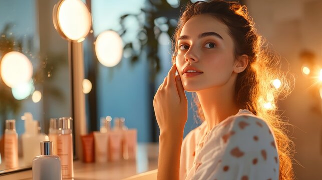 A young woman standing in her bathroom, patting her face after using a hydrating mist, with her reflection visible in a clean, well-lit mirror, and skincare products lined up on the counter. - Powered by Adobe