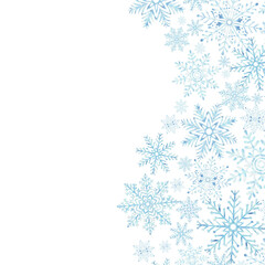 Blue snowflakes. Template postcard with copy space. Ice stars for Christmas or New Year's design. Hand drawn watercolor illustration isolated. Winter holiday frame for card, website, wrapping, sale.