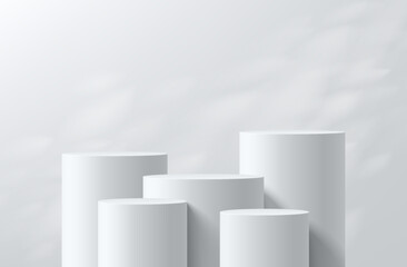3D white cylindrical podium set with leaf shadow overlay wall background. Minimalist mockup pedestal, Abstract cosmetic product display presentation, Stage showcase. Platforms vector geometric design.