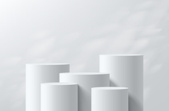 3D white cylindrical podium set with leaf shadow overlay wall background. Minimalist mockup pedestal, Abstract cosmetic product display presentation, Stage showcase. Platforms vector geometric design.