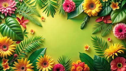 Fototapeta premium Vibrant tropical floral arrangement with lush green leaves and bright blossoms creating a lively summer border