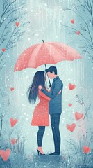 Fototapeta premium Romantic caucasian couple embracing under red umbrella in rain with hearts