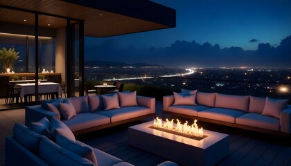 Naklejka premium A modern outdoor patio with a cozy seating area, a fire pit, and a stunning night view of the city skyline