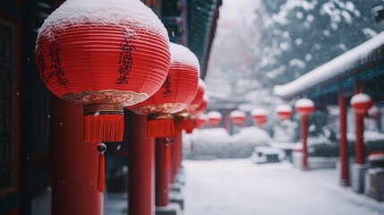A row of red lanterns hanging in a snowy courtyard, contrasting brightly against the white landscape.