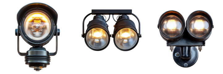 Industrial Grade Emergency Light Fixture with Rugged Metal Casing and Dual Rotatable Lamps Softly Glowing Isolated on White and Transparent Background