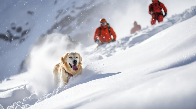 A search dog on a mission with rescue workers, sniffing through snow to locate survivors after an avalanche.