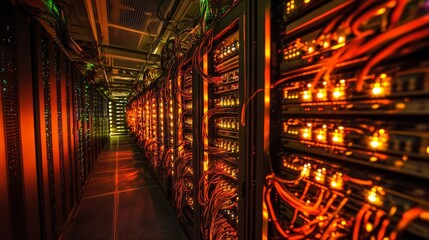 A server room filled with advanced computing power processing vast amounts of data, with glowing cables and rows of data servers.