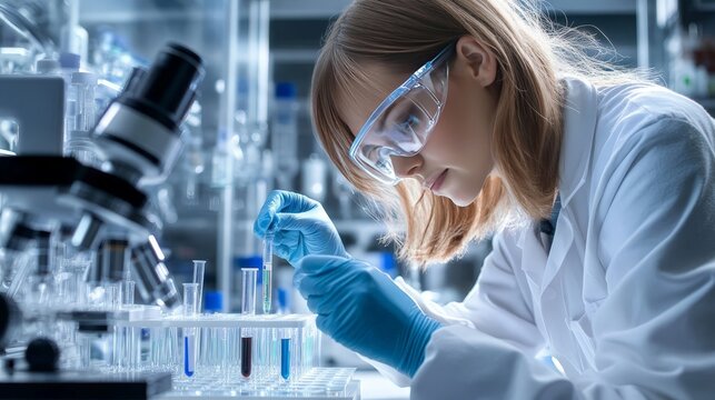 A serious female microbiologist in sterile lab attire and safety goggles, carefully dropping a reagent into a petri dish, surrounded by advanced laboratory equipment and a sterile environment.