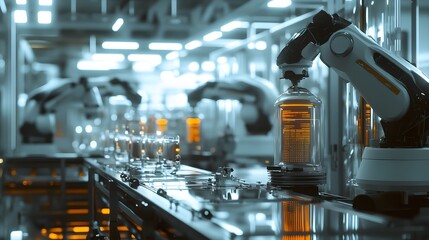 A largescale biopharmaceutical manufacturing facility where advanced robotics work alongside bioreactors Robotic arms are moving materials