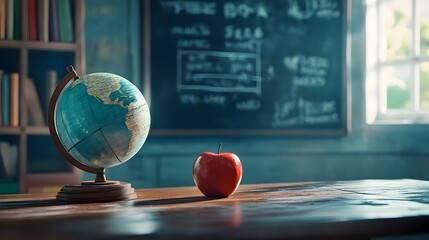 Teachers desk with globe, apple, and chalkboard in the background.