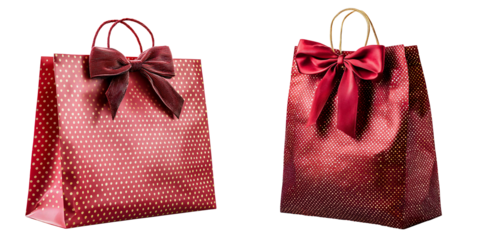 Festive red gift paper shopping bag with gold polka dots and satin bow detail isolated on white and transparent background