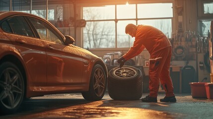 A side view of a professional technician in a workshop changing a tire, with a set of both winter and summer tires beside the car, ensuring a safe seasonal transition.