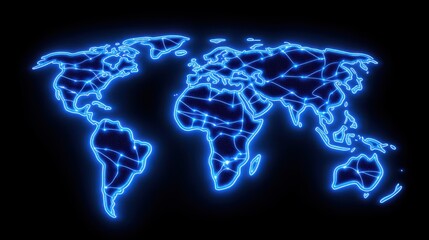 Blue neon world map, glowing global connections on dark background technology, travel, and communication