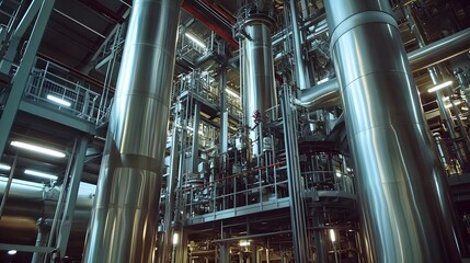 Fuel processing plant with towering distillation columns, heavy machinery