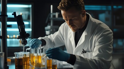 Scientist in lab coat analyzing biofuel samples, advanced processing technology