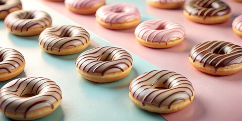 Fototapeta premium Rows of sweet treats, pastel-colored icing donuts arranged on a two-tone surface