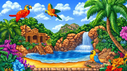 Fototapeta premium jungle scene with exotic plants, waterfalls, and colorful parrots