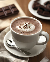 Cup of hot cocoa made with dark chocolate, brain boosting drink, comforting and healthy