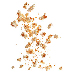 A falling popcorn flake splash isolated on transparent white background, clipping path
