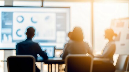 Team discussing ideas with blurred technology interfaces in the backdrop.

