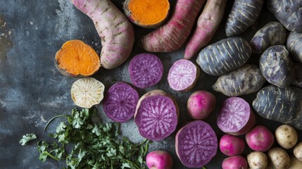 A table full of unusual tubers, including purple yams and Japanese sweet potatoes, showcasing their vibrant colors and earthy textures.