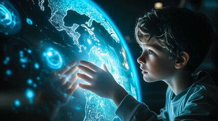 A boy interacts with a holographic globe, symbolizing curiosity and global awareness. The concept of the fusion of technology and education in understanding the world. Generative AI.