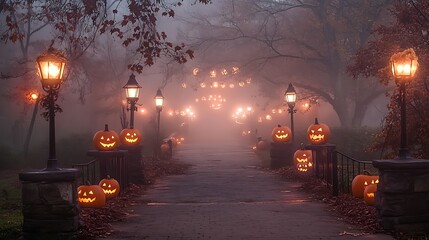 Experience the enchanting atmosphere of a foggy halloween night with glowing jack-o'-lanterns along the pathway