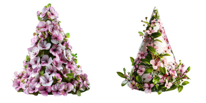 A floral party hat covered with tiny painted flowers in soft pink and green tones isolated on white and transparent background