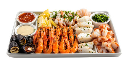 A Sumptuous Seafood Platter Featuring Shrimp, Lobster, and a Variety of Dipping Sauces