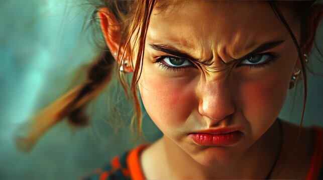 A teenage girl rolling her eyes in annoyance, her mouth twisted in a sarcastic smirk.
