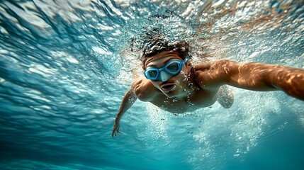 Naklejka premium Underwater Swimmer Wearing Goggles in Ocean Water