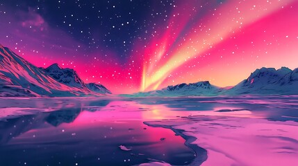 Vibrant aurora borealis reflected in a frozen lake, surrounded by snow-covered mountains under a starry night sky.