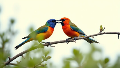 Obraz premium Colorful birds interacting on a branch nature scene wildlife photography outdoor environment close-up view romantic concept