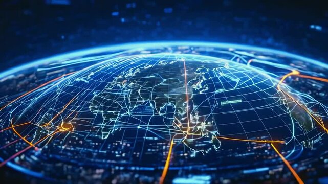 Digital globe with grid lines and network connections.