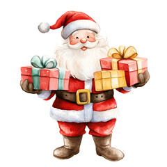 Festive santa claus delivering gifts holiday season watercolor art cheerful atmosphere front view christmas spirit