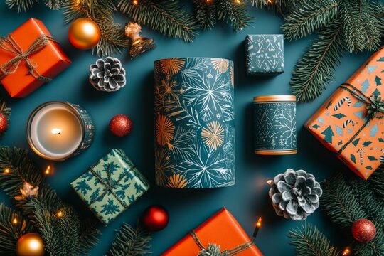 Seasonal catalog showcasing holiday deals with product images, Christmas themes, and bold headers surrounded by festive patterns for a joyful shopping guide