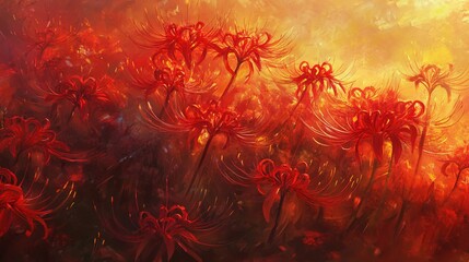 Red Spider Lily Flowers in Autumn Sunset Painting