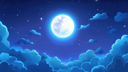 Obraz premium Full moon glowing brightly in the night sky, surrounded by scattered clouds and faint stars