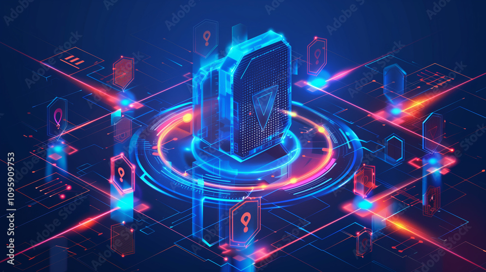 Poster a dynamic ar visualization of a multi-layered security framework for ai systems, with glowing shield