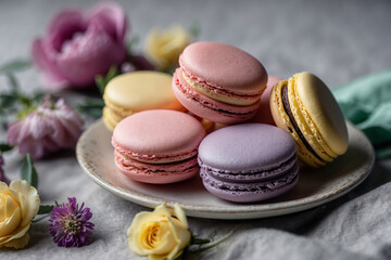 Macarons in pink, mint, lavender, yellow pastel shades, on white plate with floral garnish, gray linen background, cozy luxury look