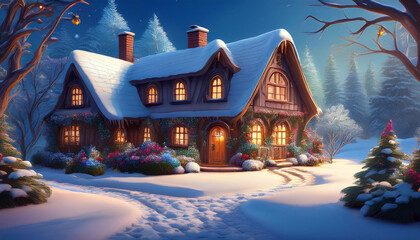 house in the woods, cartoon house in the forest, winter	