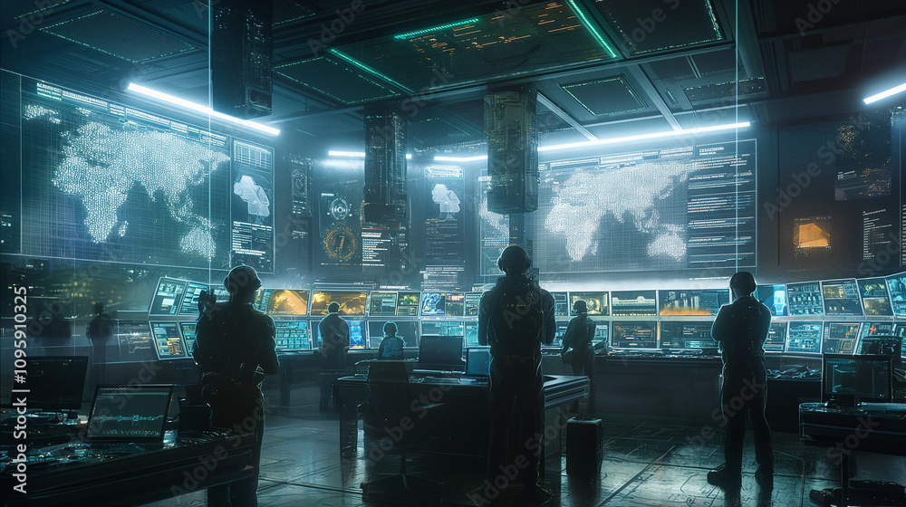 Poster a high-tech command interface in ar showing global ai networks analyzing and countering cyber threat