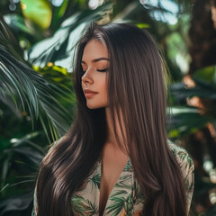 A photo of an attractive woman with beautiful silky laminated hair Beautiful tropical background with green plants, with pastel colors