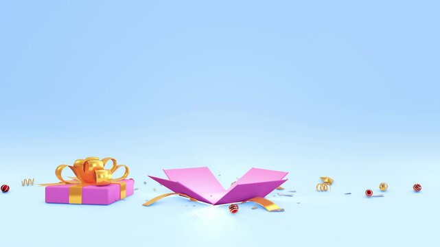 Pink Gift box pops up and opening with confetti. 3d animation Render4k. Gift give away, Mobile Marketing. online present or gift with cyan and green background. Christmas, new year, birthday.