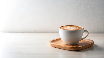 Obraz premium Aromatic Latte Art in a Ceramic Mug on Wooden Tray