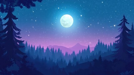 Fototapeta premium Night sky with a bright full moon casting light over a forest, creating a tranquil and mystical scene