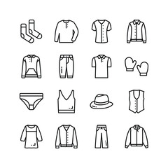 A collection of icons representing various clothing items, including shirts, pants, socks, gloves, hat, and underwear.