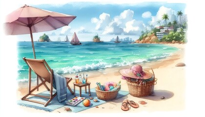 Relaxing Tropical Beach Scene With Umbrella and Sailboats. generator AI