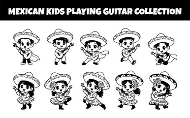 Mexican kids playing guitar outline vector illustration set