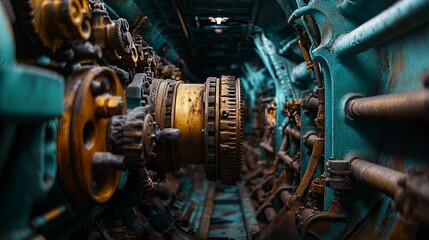 Fototapeta premium Rusty Gears Inside An Old Submarine Engine Room